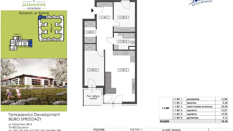 Rzut - Mieszkanie na sprzedaż 3 pokoje o powierzchni 70,19 m² - numer I1M1 w Jaśminowe Wzgórze - etap II