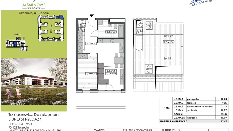 Rzut - Mieszkanie na sprzedaż 3 pokoje o powierzchni 67,49 m² - numer L3M4 w Jaśminowe Wzgórze - etap II