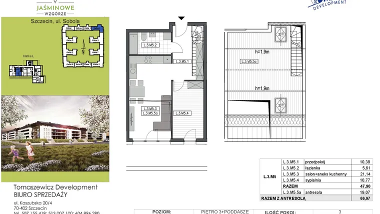 Rzut - Mieszkanie na sprzedaż 3 pokoje o powierzchni 66,97 m² - numer L3M5 w Jaśminowe Wzgórze - etap II