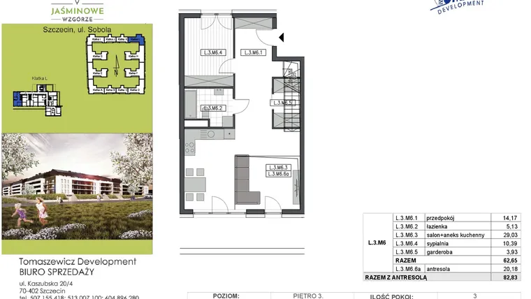 Rzut - Mieszkanie na sprzedaż 3 pokoje o powierzchni 82,83 m² - numer L3M6 w Jaśminowe Wzgórze - etap II