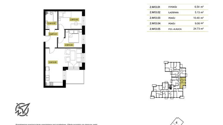 Rzut - Mieszkanie na sprzedaż 3 pokoje o powierzchni 57,37 m² - numer 2M13 w Stary Browar bud. 2