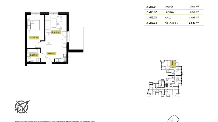Rzut - Mieszkanie na sprzedaż 3 pokoje o powierzchni 48 m² - numer 2M15 w Stary Browar bud. 2