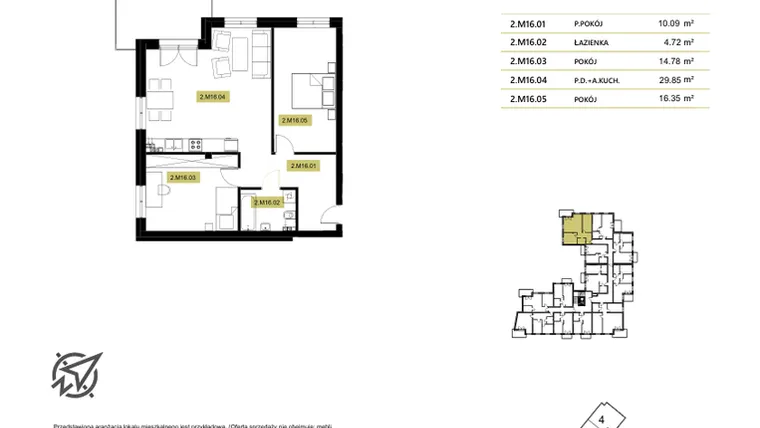 Rzut - Mieszkanie na sprzedaż 3 pokoje o powierzchni 50,95 m² - numer 2M16 w Stary Browar bud. 2