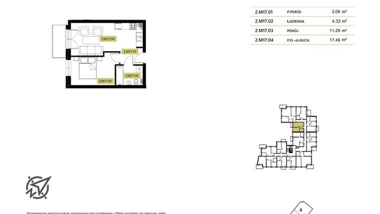 Rzut - Mieszkanie na sprzedaż 2 pokoje o powierzchni 34,77 m² - numer 2M17 w Stary Browar bud. 2