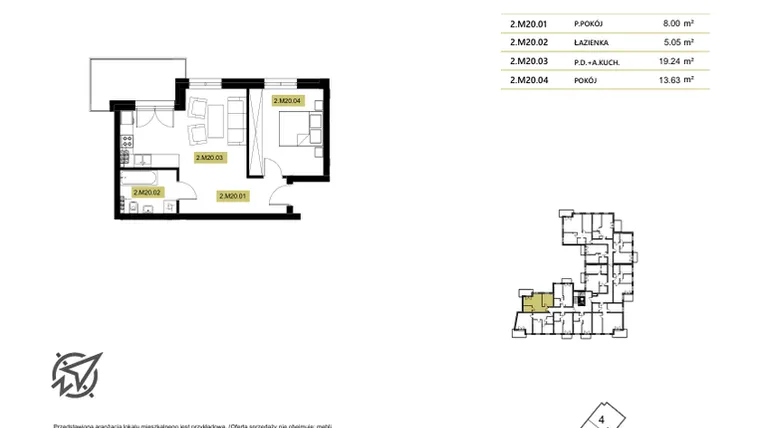 Rzut - Mieszkanie na sprzedaż 3 pokoje o powierzchni 52,33 m² - numer 2M20 w Stary Browar bud. 2