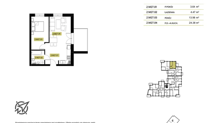 Rzut - Mieszkanie na sprzedaż 3 pokoje o powierzchni 57,37 m² - numer 2M27 w Stary Browar bud. 2