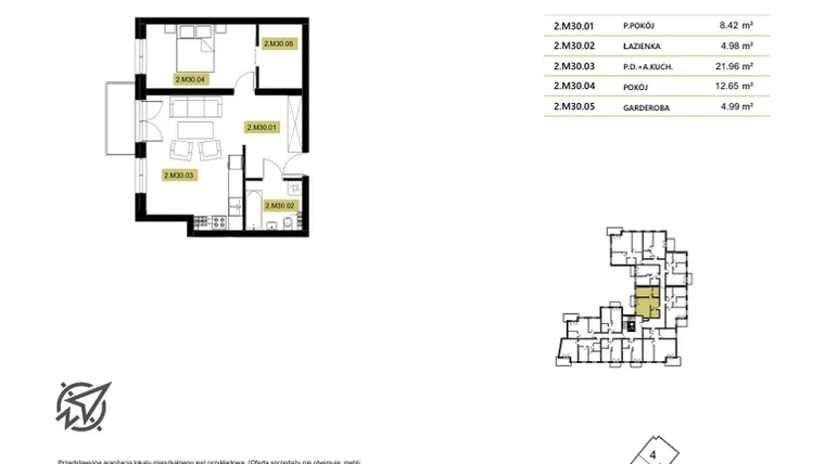 Rzut - Mieszkanie na sprzedaż 3 pokoje o powierzchni 50,82 m² - numer 2M30 w Stary Browar bud. 2