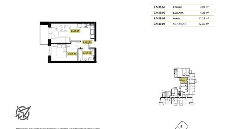 Rzut - Mieszkanie na sprzedaż 2 pokoje o powierzchni 34,9 m² - numer 2M39 w Stary Browar bud. 2