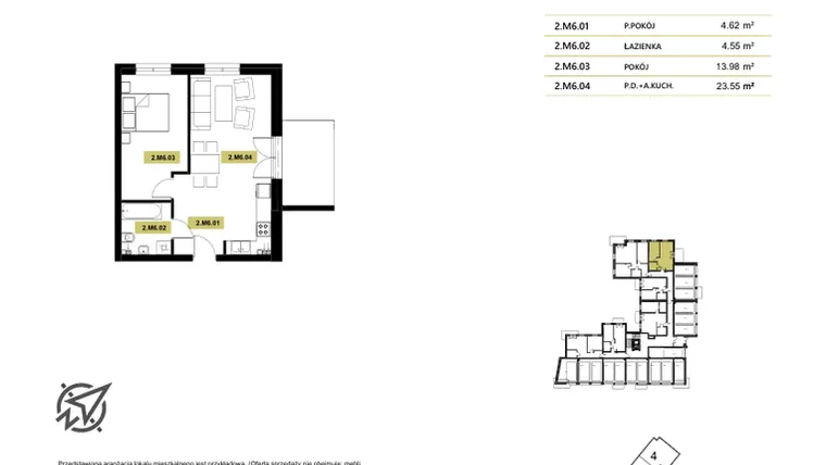 Rzut - Mieszkanie na sprzedaż 3 pokoje o powierzchni 52,33 m² - numer 2M6 w Stary Browar bud. 2