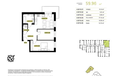 Rzut - Mieszkanie na sprzedaż 3 pokoje o powierzchni 60,59 m² - numer 4M19 w Stary Browar bud. 4