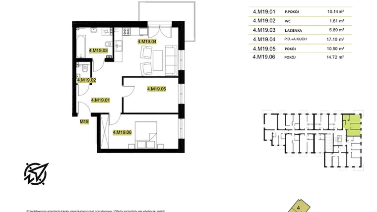 Rzut - Mieszkanie na sprzedaż 3 pokoje o powierzchni 60,59 m² - numer 4M19 w Stary Browar bud. 4