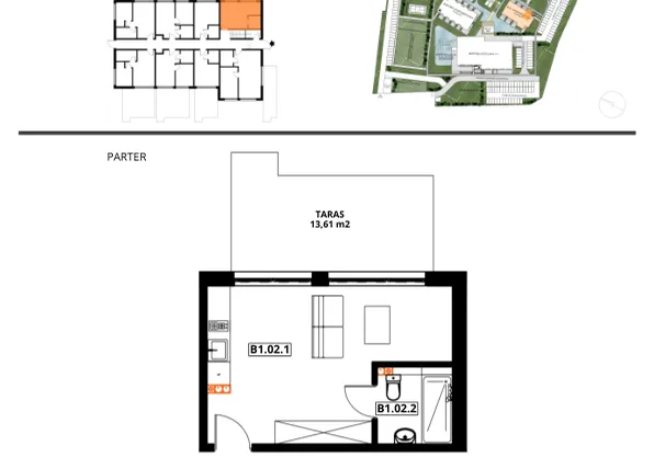 Rzut - Mieszkanie na sprzedaż 1 pokój o powierzchni 25,19 m² - numer B1.02 w Apartamenty Dźwirzyno