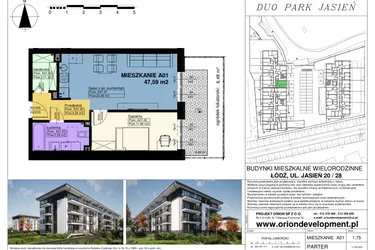 Rzut - Mieszkanie na sprzedaż 2 pokoje o powierzchni 47,59 m² - numer A01 w Duo Park