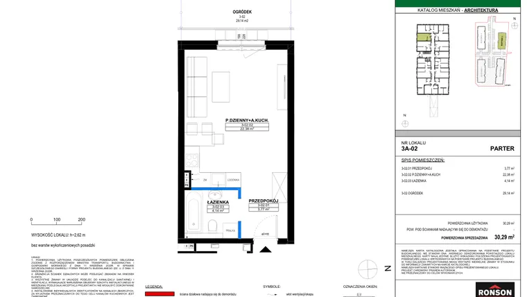 Rzut - Mieszkanie na sprzedaż 1 pokój o powierzchni 30,3 m² - numer 3A_02 w Nowa Północ etap 2