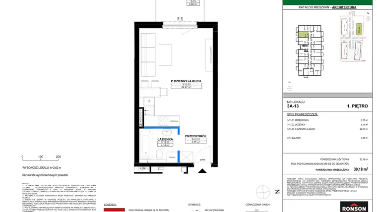 Rzut - Mieszkanie na sprzedaż 1 pokój o powierzchni 30,18 m² - numer 3A_13 w Nowa Północ etap 2
