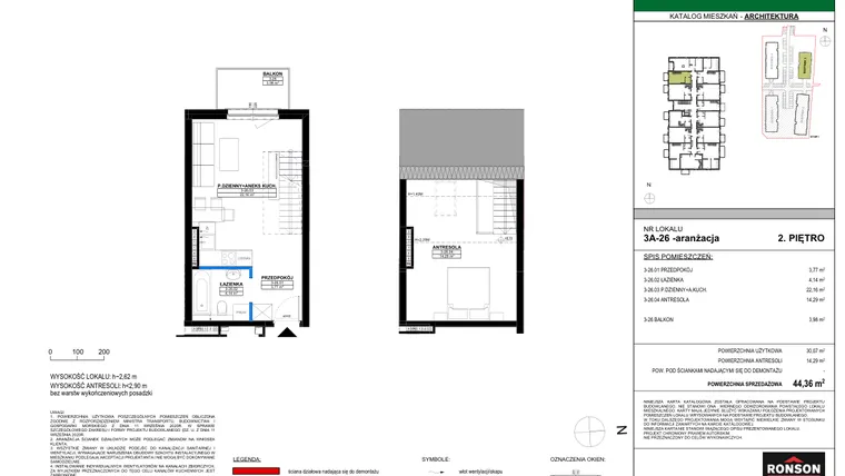 Rzut - Mieszkanie na sprzedaż 2 pokoje o powierzchni 44,24 m² - numer 3A_26 w Nowa Północ etap 2
