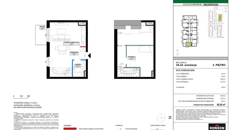 Rzut - Mieszkanie na sprzedaż 3 pokoje o powierzchni 59,17 m² - numer 3A_34 w Nowa Północ etap 2