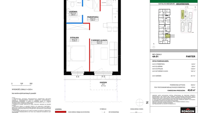 Rzut - Mieszkanie na sprzedaż 2 pokoje o powierzchni 39,87 m² - numer 4A_01 w Nowa Północ etap 2