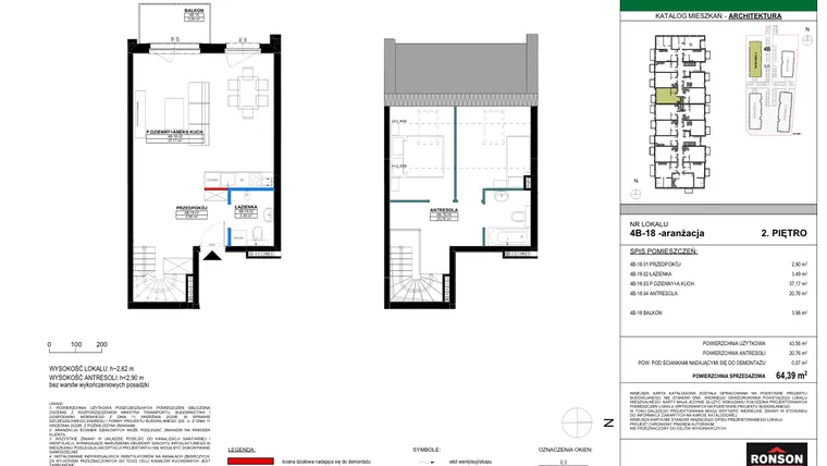 Rzut - Mieszkanie na sprzedaż 3 pokoje o powierzchni 63,95 m² - numer 4B_18 w Nowa Północ etap 2
