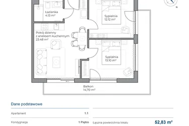 Rzut - Mieszkanie na sprzedaż 3 pokoje o powierzchni 52,83 m² - numer B.1.1 w Anchoria Holiday
