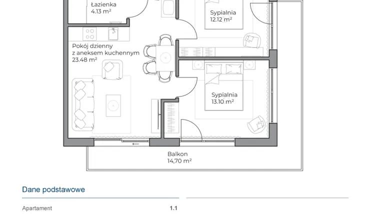 Rzut - Mieszkanie na sprzedaż 3 pokoje o powierzchni 52,83 m² - numer B.1.1 w Anchoria Holiday