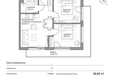 Rzut - Mieszkanie na sprzedaż 3 pokoje o powierzchni 52,83 m² - numer 1.1 w Anchoria Holiday