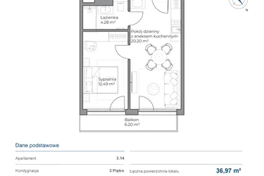 Rzut - Mieszkanie na sprzedaż 2 pokoje o powierzchni 36,97 m² - numer B.3.14 w Anchoria Holiday