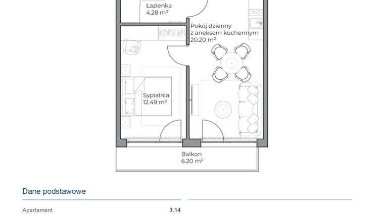 Rzut - Mieszkanie na sprzedaż 2 pokoje o powierzchni 36,97 m² - numer B.3.14 w Anchoria Holiday