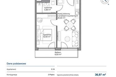Rzut - Mieszkanie na sprzedaż 2 pokoje o powierzchni 36,97 m² - numer 3.14 w Anchoria Holiday