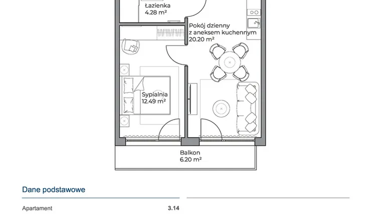 Rzut - Mieszkanie na sprzedaż 2 pokoje o powierzchni 36,97 m² - numer 3.14 w Anchoria Holiday