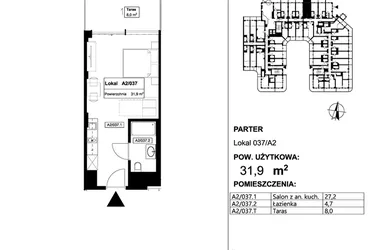Rzut - Mieszkanie na sprzedaż 1 pokój o powierzchni 31,9 m² - numer 037 w Apollo Resort