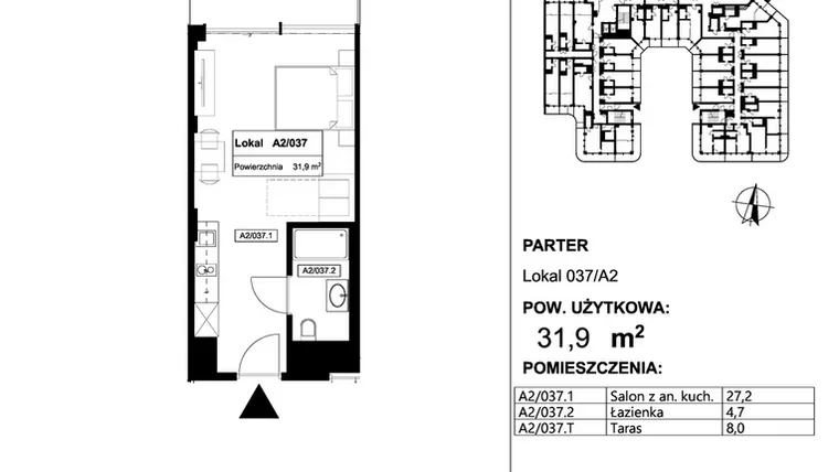Rzut - Mieszkanie na sprzedaż 1 pokój o powierzchni 31,9 m² - numer 037 w Apollo Resort