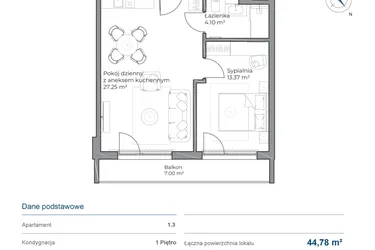 Rzut - Mieszkanie na sprzedaż 2 pokoje o powierzchni 44,78 m² - numer 1.3 w Anchoria Holiday