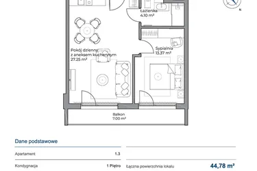 Rzut - Mieszkanie na sprzedaż 2 pokoje o powierzchni 44,78 m² - numer 1.3 w Anchoria Holiday