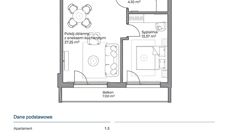 Rzut - Mieszkanie na sprzedaż 2 pokoje o powierzchni 44,78 m² - numer 1.3 w Anchoria Holiday