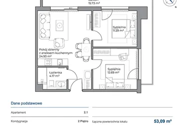 Rzut - Mieszkanie na sprzedaż 3 pokoje o powierzchni 53,09 m² - numer 2.1 w Anchoria Holiday