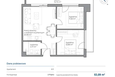 Rzut - Mieszkanie na sprzedaż 3 pokoje o powierzchni 53,09 m² - numer 2.1 w Anchoria Holiday