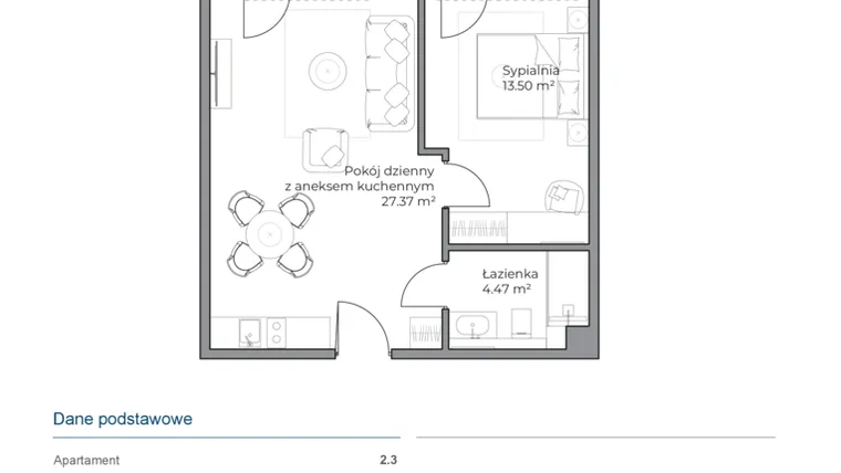 Rzut - Mieszkanie na sprzedaż 2 pokoje o powierzchni 45,41 m² - numer B.2.3 w Anchoria Holiday