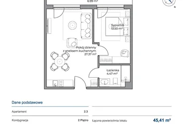 Rzut - Mieszkanie na sprzedaż 2 pokoje o powierzchni 45,41 m² - numer 2.3 w Anchoria Holiday