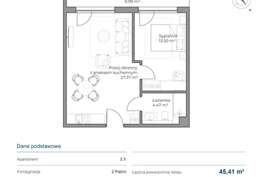 Rzut - Mieszkanie na sprzedaż 2 pokoje o powierzchni 45,41 m² - numer 2.3 w Anchoria Holiday