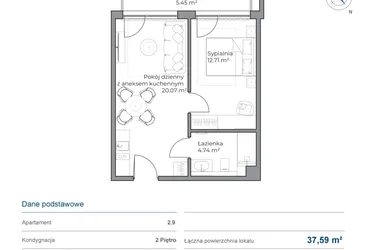 Rzut - Mieszkanie na sprzedaż 2 pokoje o powierzchni 37,59 m² - numer B.2.9 w Anchoria Holiday