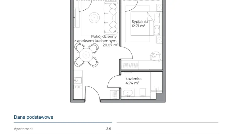 Rzut - Mieszkanie na sprzedaż 2 pokoje o powierzchni 37,59 m² - numer B.2.9 w Anchoria Holiday