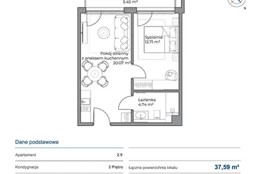 Rzut - Mieszkanie na sprzedaż 2 pokoje o powierzchni 37,59 m² - numer 2.9 w Anchoria Holiday