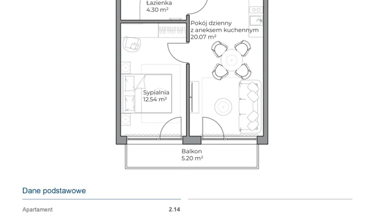 Rzut - Mieszkanie na sprzedaż 2 pokoje o powierzchni 36,97 m² - numer B.2.14 w Anchoria Holiday