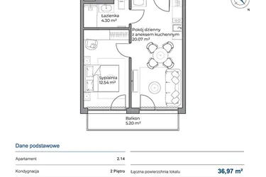 Rzut - Mieszkanie na sprzedaż 2 pokoje o powierzchni 36,97 m² - numer 2.14 w Anchoria Holiday