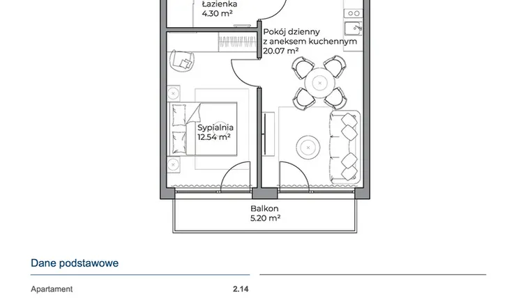 Rzut - Mieszkanie na sprzedaż 2 pokoje o powierzchni 36,97 m² - numer 2.14 w Anchoria Holiday