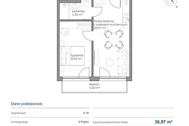 Rzut - Mieszkanie na sprzedaż 2 pokoje o powierzchni 36,97 m² - numer 2.14 w Anchoria Holiday