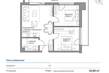 Rzut - Mieszkanie na sprzedaż 3 pokoje o powierzchni 53,09 m² - numer 3.1 w Anchoria Holiday