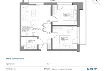 Rzut - Mieszkanie na sprzedaż 3 pokoje o powierzchni 53,09 m² - numer 3.1 w Anchoria Holiday