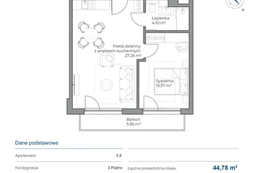 Rzut - Mieszkanie na sprzedaż 2 pokoje o powierzchni 44,78 m² - numer B.3.4 w Anchoria Holiday